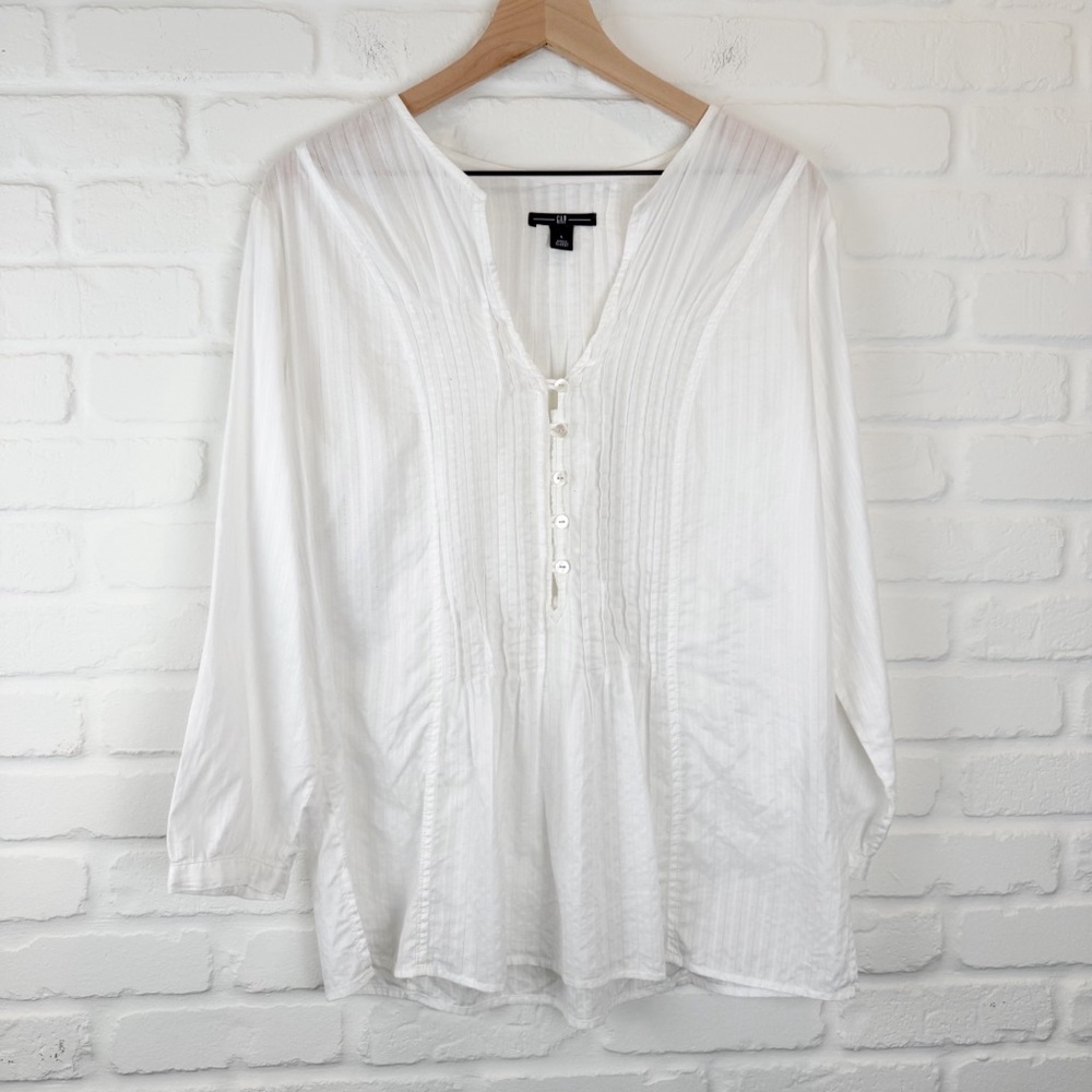 Gap White Pintuck Peasant Blouse100% cotton Long Sleeve Tunic Top Button Front L